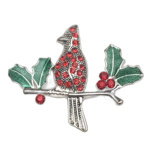 KC Brooch Red Green Enamel Jeweled Vintage Cardinal Holly Christmas Holiday